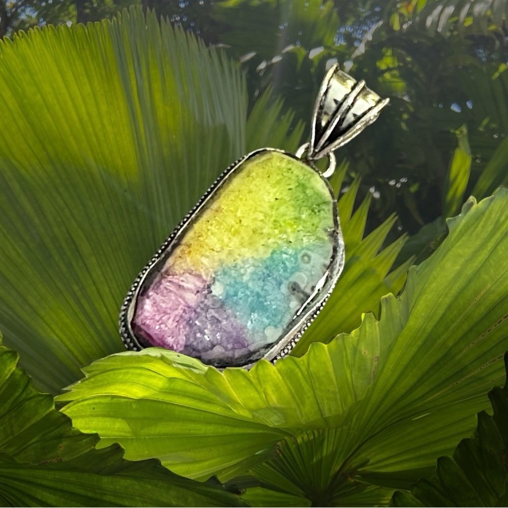 Hand Crafted RAINBOW SOLAR AGATE Multicolor Pendant Necklace - Green Blue Pink